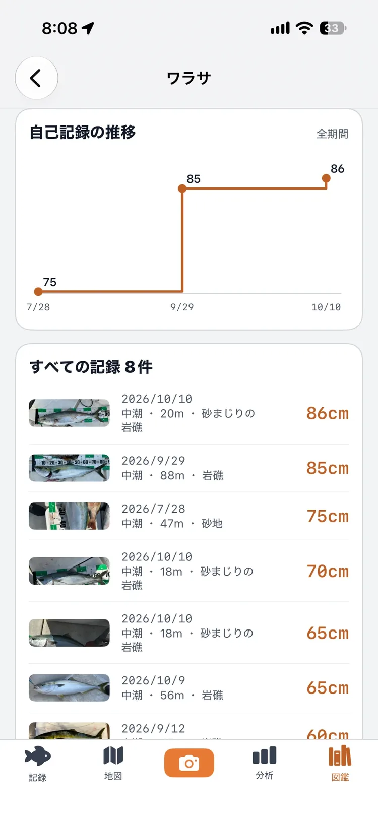 ワラサの自己記録の推移（75cm から 86cm）と、すべての記録 8 件の一覧