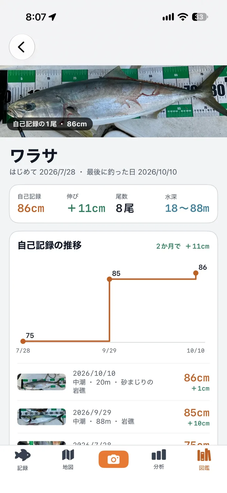 魚種ページ（ワラサ）。自己記録 86cm・伸び +11cm・8 尾・水深 18〜88m と、自己記録の推移のグラフ